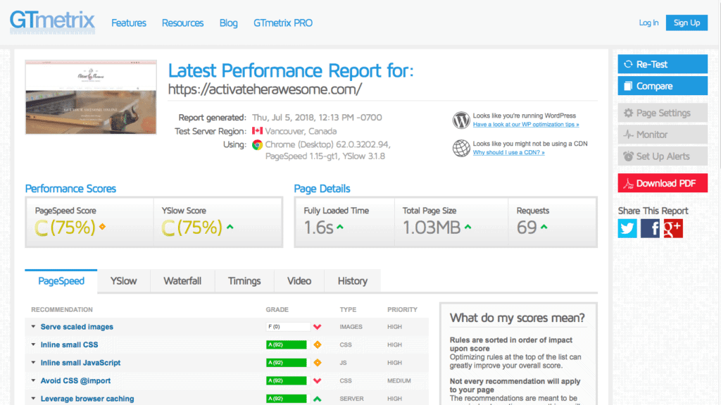 GT Metrix page speed for WordPress website