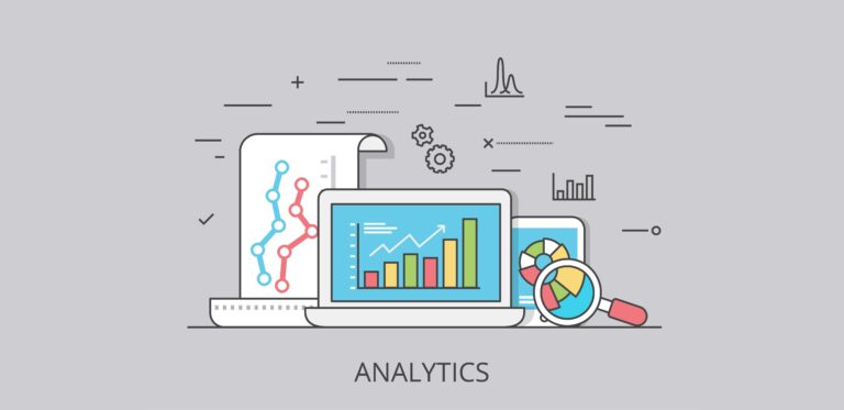 Linear Flat visitor analytics website hero image vector illustration. SEO, SMM and online marketing concept. Laptop, tablet with report data on screen.