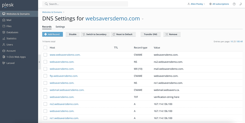 dns settings plesk list records